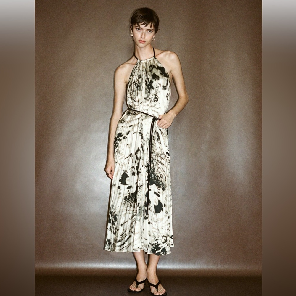 Mango Black and Cream Pleated Dress